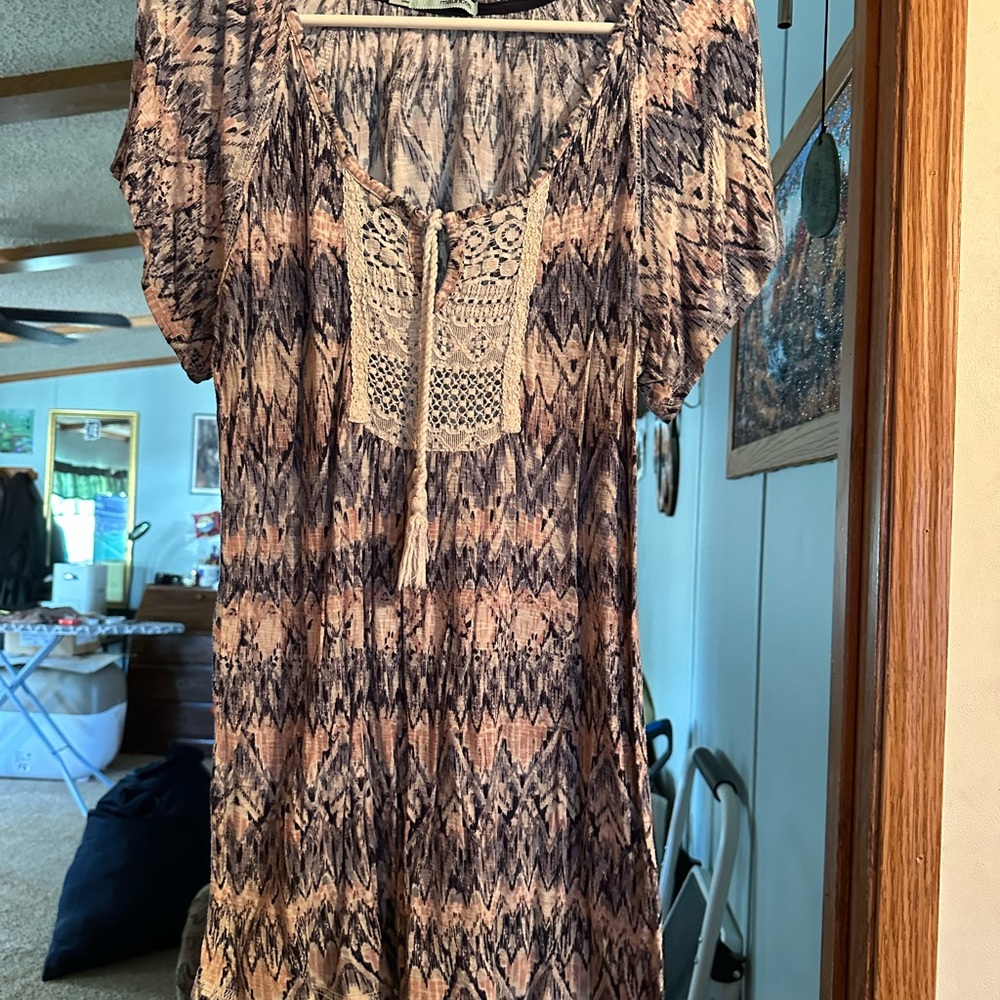 Maurices Beige and Black Patterned Blouse with Crochet Detail